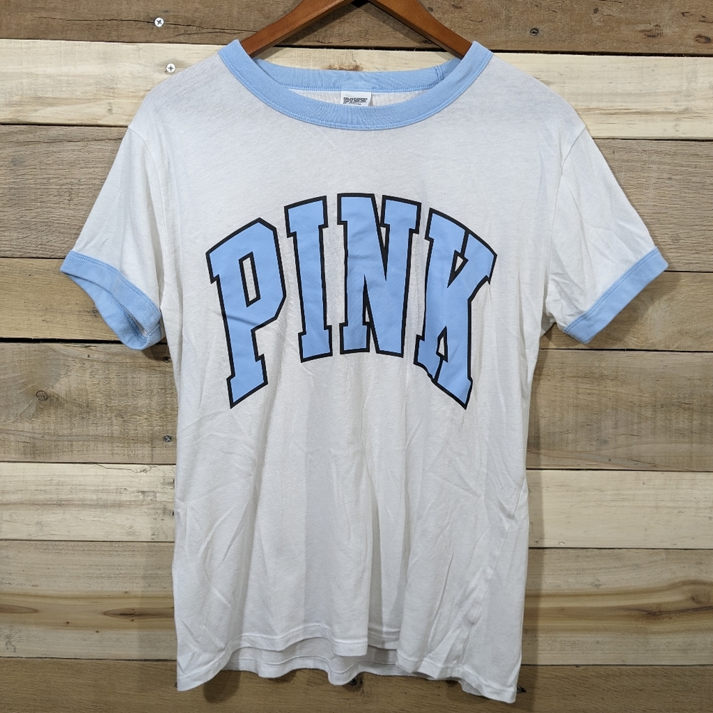 Pink Victoria’s Secret Short Sleeve T-shirt White With Baby Blue Trim Size L